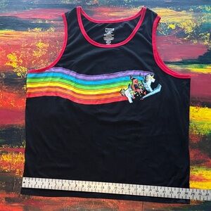 Marvel Black Ringer Tank Top with Rainbow Stripes and Deadpool